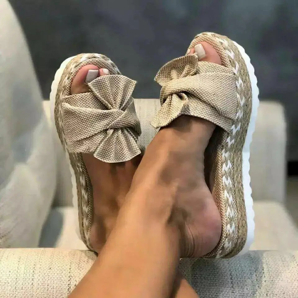 Women's Summer 2025 Thick Heel Slippers Butterfly Knot Sandal Rope Large Size Beach Slippers Comfortable round Toe Rubber Sole