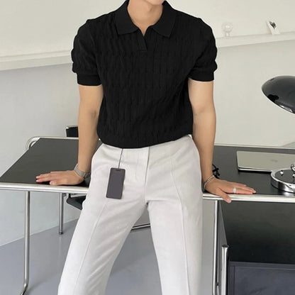 Summer Clothing Men's Luxury Knitted Jacquard Skinny Polo Shirt Korean Popular Breathable Leisure V Neck Short Sleeve Knitwear