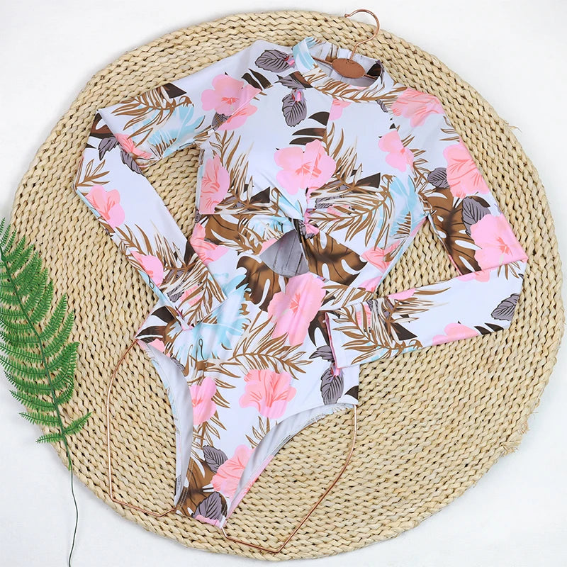 Women's Swimsuit 2024 Long Sleeve Rash Guard Bikini Surfing Suit One Piece Bodysuit Print Brasileño Push up Monokini Swimwear