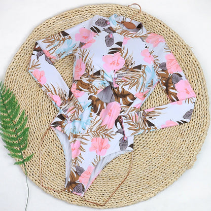 Women's Swimsuit 2024 Long Sleeve Rash Guard Bikini Surfing Suit One Piece Bodysuit Print Brasileño Push up Monokini Swimwear