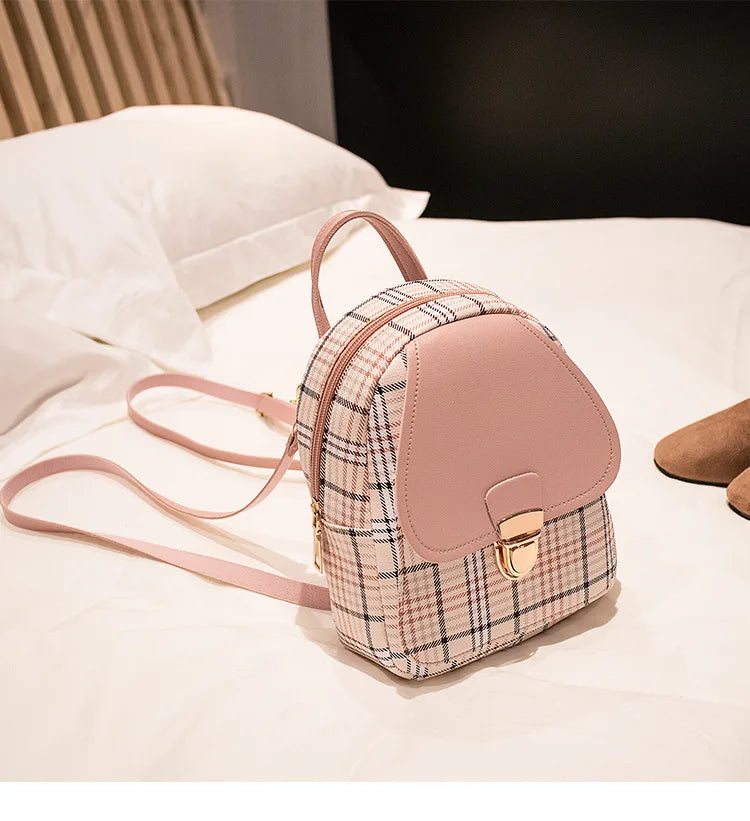Fashionable Korean Style Small Backpack Hot Sale Of The Season Checkered Crossbody Bag Single Shoulder Phone Bag PU Material...