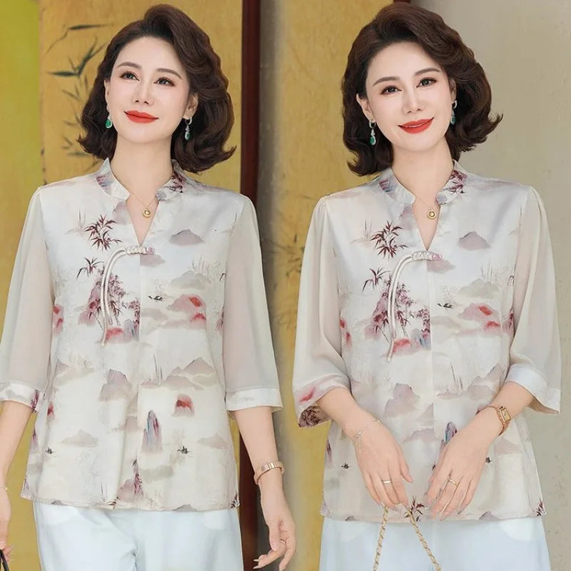 New Chinese Style Floral Print Chiffon Shirt Half Sleeve Women's Middle-Aged Spring Summer Top Mom's Fashionable Small Shirt