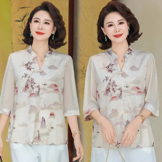 New Chinese Style Floral Print Chiffon Shirt Half Sleeve Women's Middle-Aged Spring Summer Top Mom's Fashionable Small Shirt