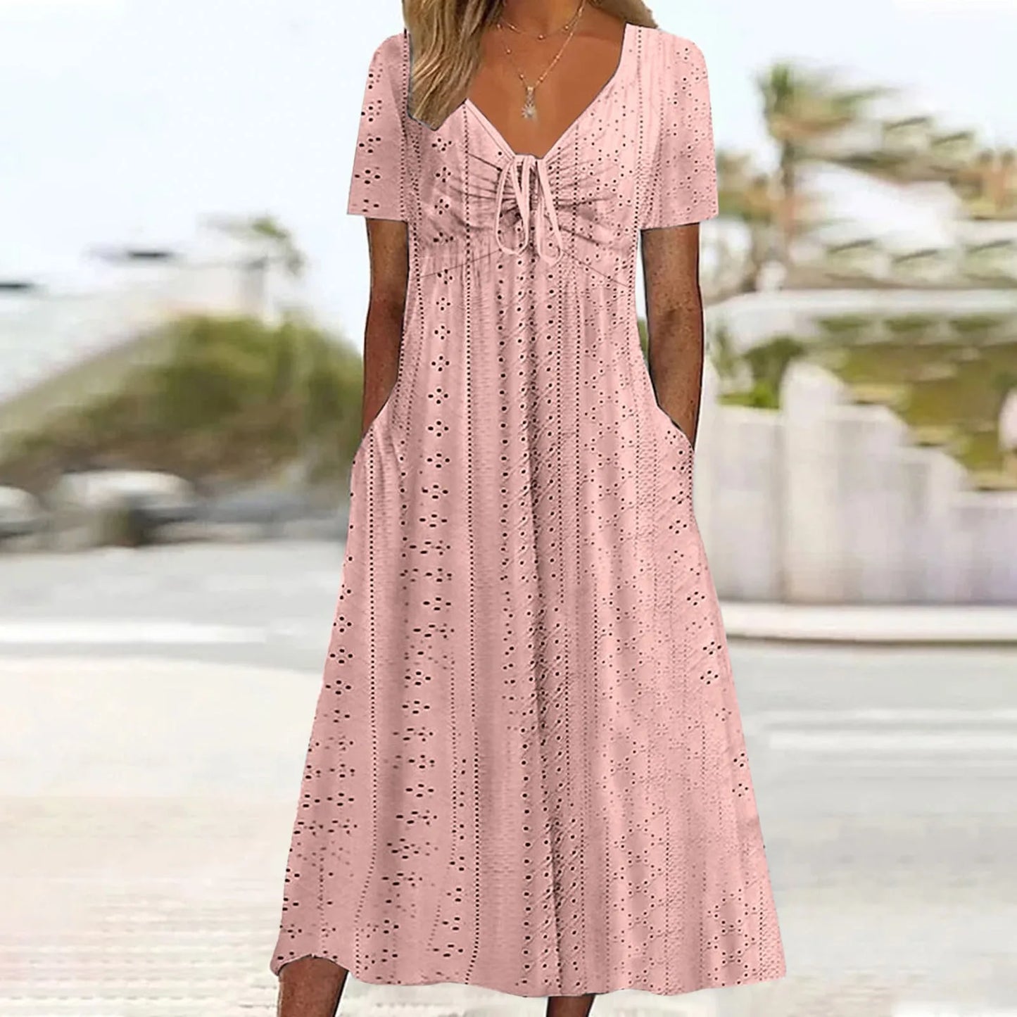 Women's Hollow Out Eyelet Beach Dress Solid Colour V-Neck Tie Short Sleeve Loose Long Dress With Pockets 2025 Boho Summer Dress