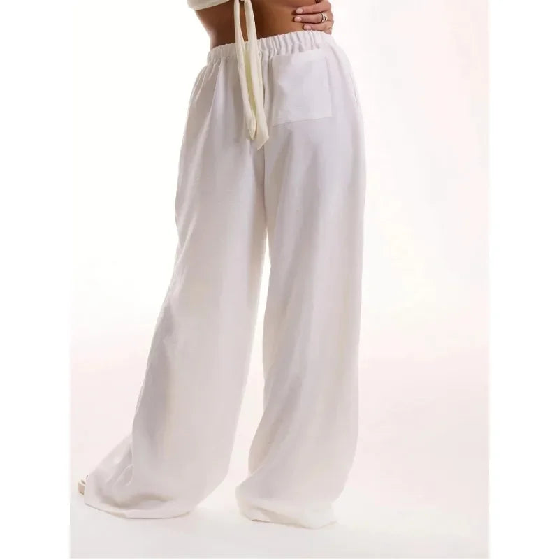 Plus Size 1XL-5XL Women's Fashionable Solid Color Straight Tube Drawstring Elastic Waist Pants Suitable for Commuting