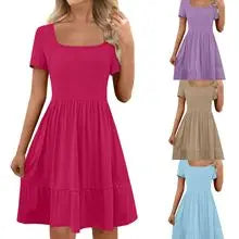 Spring Summer Hot Sale Of The Season Women's Cotton Linen Short Sleeve Printed Pocket round Neck Dress Elegant Style Comforta...