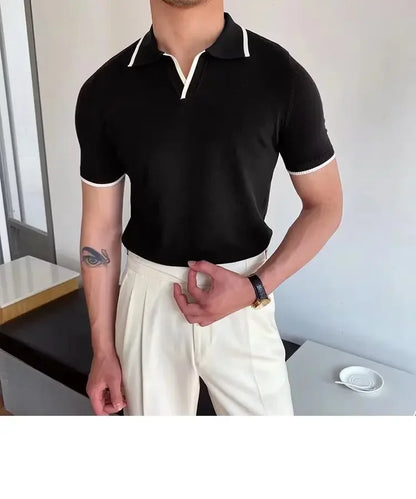 Summer Men's Knit Short Sleeve Polo Shirt Korean Style Slim Fit Solid Color Ice Silk Casual T-shirt Base Layer Top