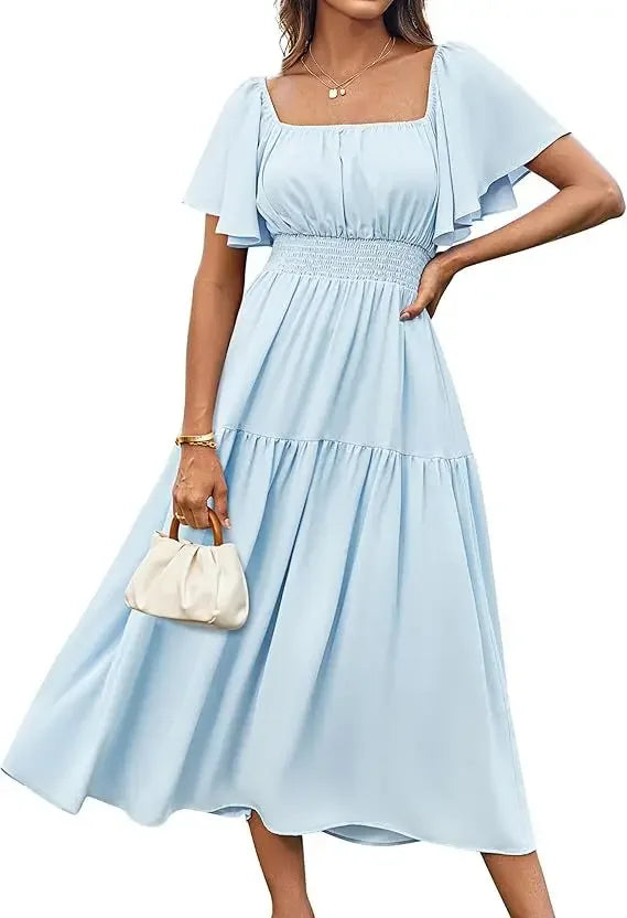 Elegant Summer Long Skirt for Women with Puffy Sleeves Square Collar Gathered Waist Loose Fit Knee-Length Holiday Dress