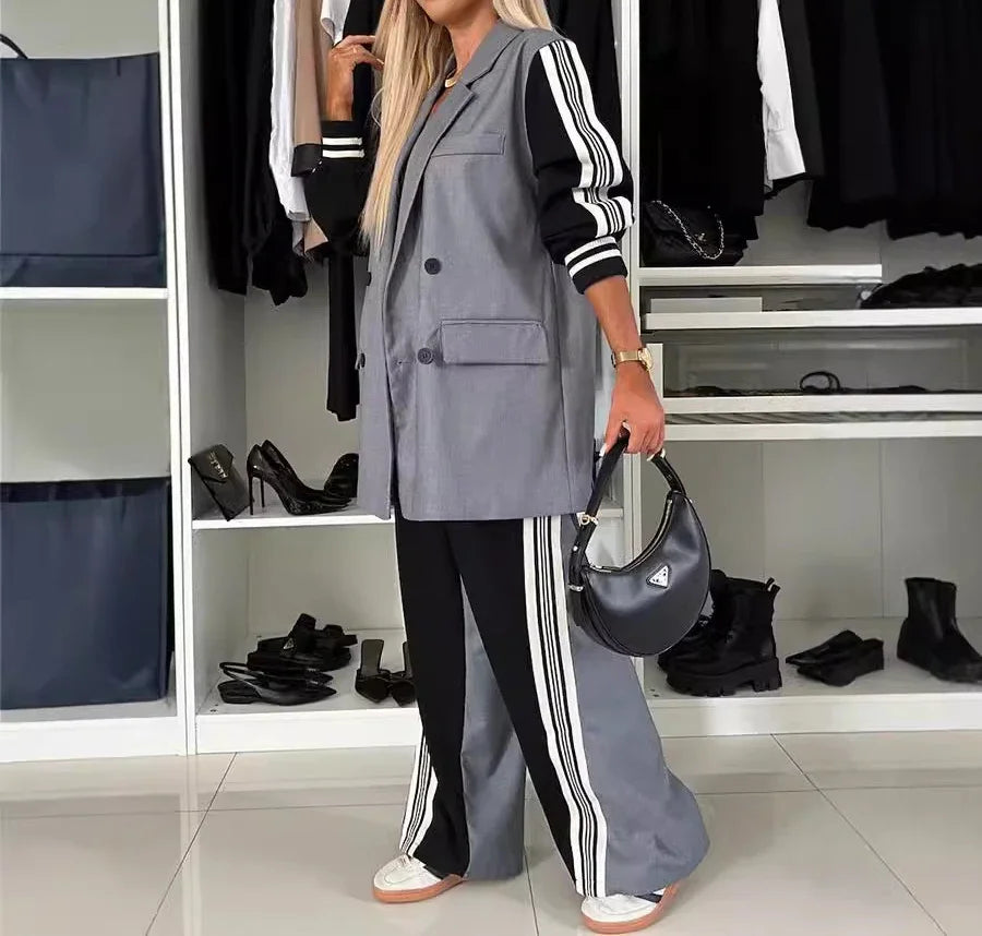 Casual Two Piece Sets Womens Outifits Fall Long Sleeved Patchwork Double Breasted Suit Coat Loose Pant Two-piece Set Winter 2024
