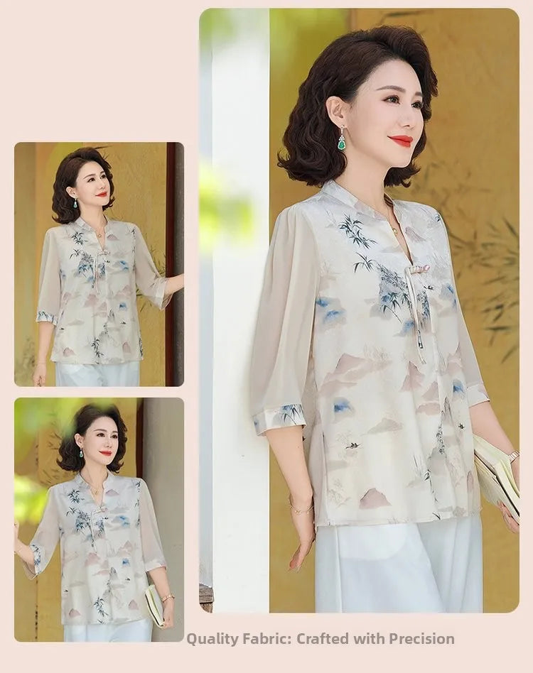 New Chinese Style Floral Print Chiffon Shirt Half Sleeve Women's Middle-Aged Spring Summer Top Mom's Fashionable Small Shirt