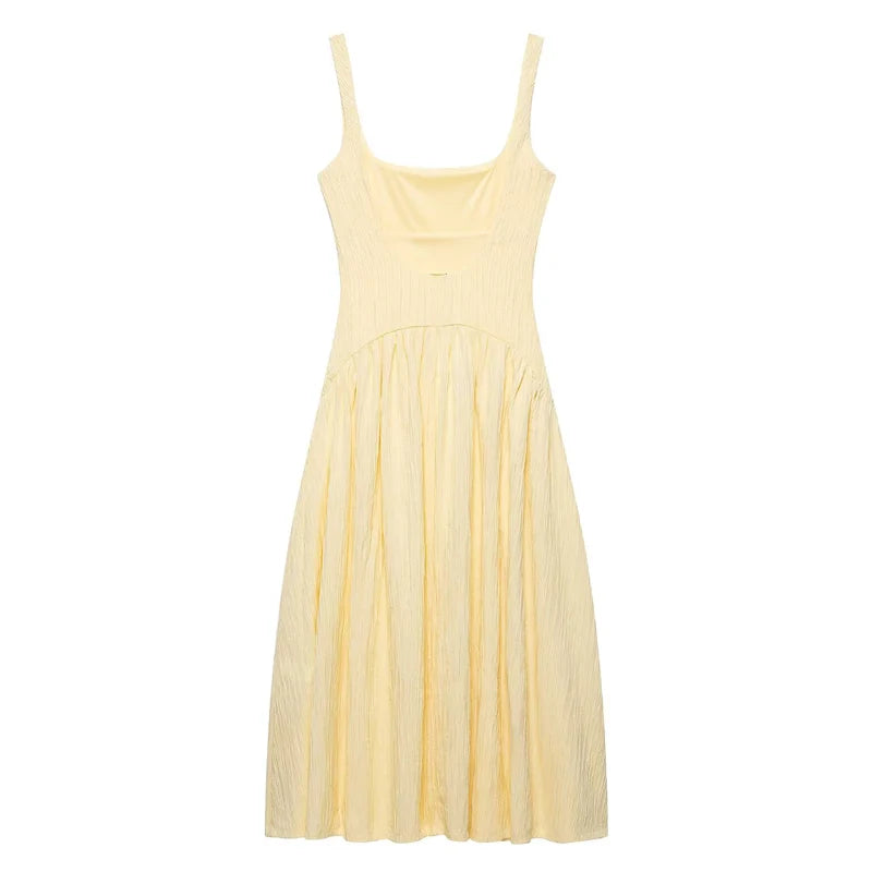 Women's Dress Yellow Pleated Sexy Backless Slip Dress Female Sleeveless Midi Dress 2026 Summer New Square Collar Beach Vestidos