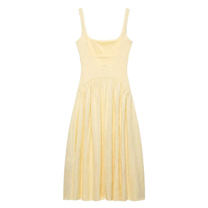 Women's Dress Yellow Pleated Sexy Backless Slip Dress Female Sleeveless Midi Dress 2026 Summer New Square Collar Beach Vestidos