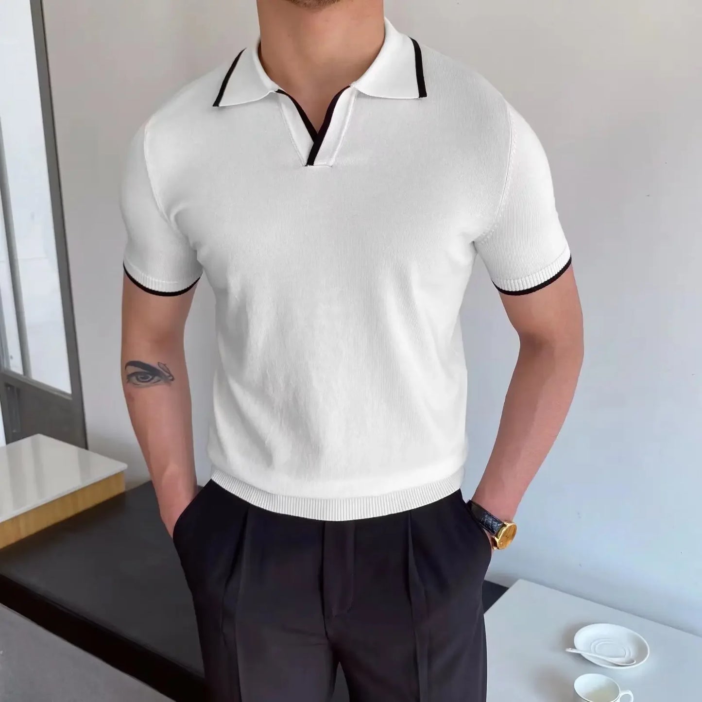 Summer Men's Knit Short Sleeve Polo Shirt Korean Style Slim Fit Solid Color Ice Silk Casual T-shirt Base Layer Top