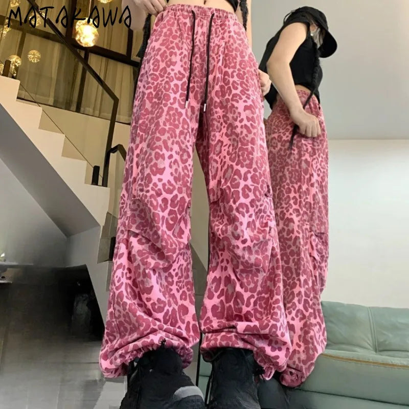 Matakawa Y2k Clothes Pink Leopard Women Pants Spring Autumn Streetwear Vintage Pantalones Mujer Hiphop Wide Leg Trousers