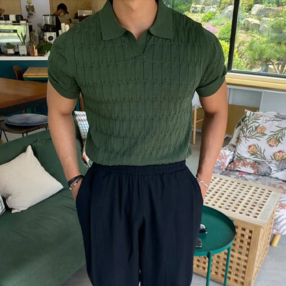 Summer Clothing Men's Luxury Knitted Jacquard Skinny Polo Shirt Korean Popular Breathable Leisure V Neck Short Sleeve Knitwear