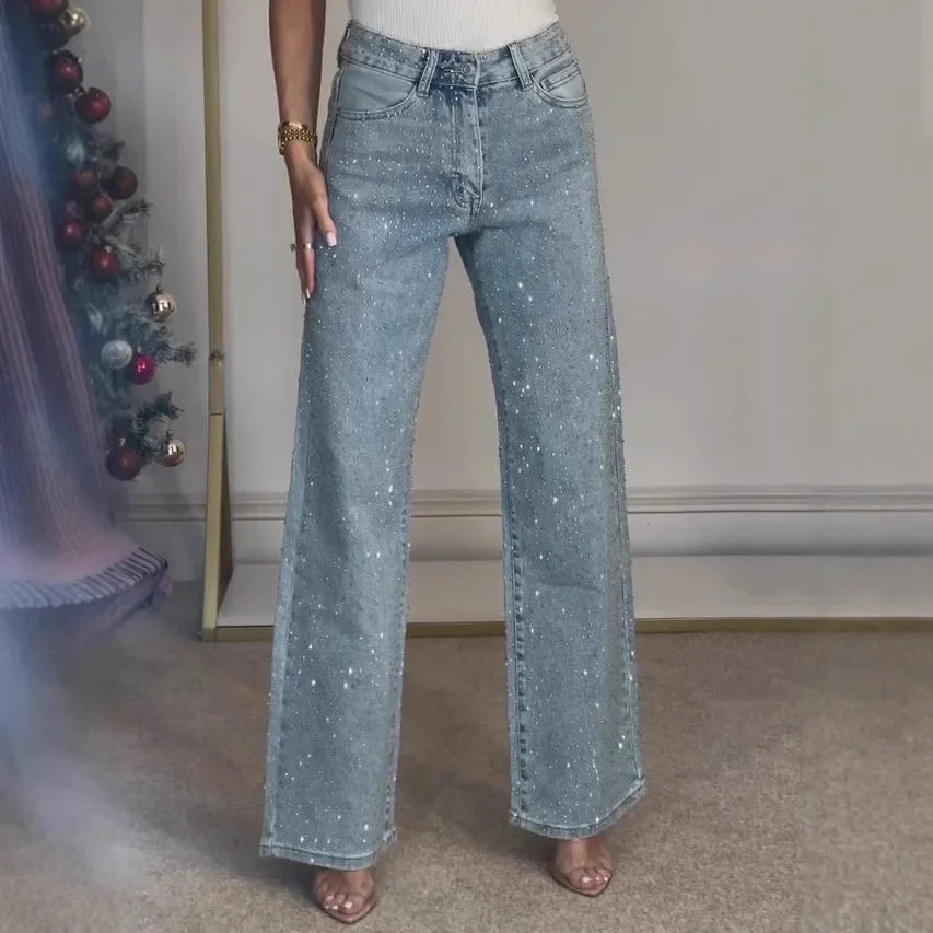 Straight Jeans for Women Diamonds Pants Stretch High Waist Washed Distressed Pockets Vintage Denims Streetwear Female Trousers