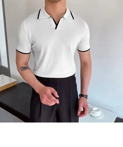 Summer Men's Knit Short Sleeve Polo Shirt Korean Style Slim Fit Solid Color Ice Silk Casual T-shirt Base Layer Top