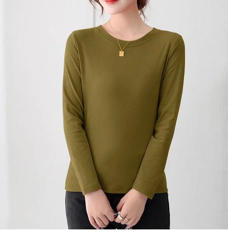 Korean Style Women's round Neck Long Sleeve Base Shirt Early Autumn New Pure Color Threaded Top Trendy T-shirt Slim Fit