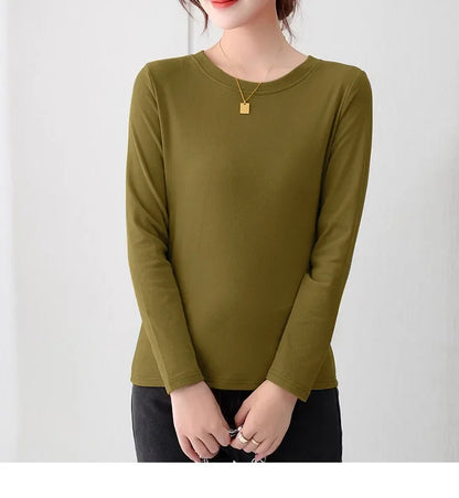 Korean Style Women's round Neck Long Sleeve Base Shirt Early Autumn New Pure Color Threaded Top Trendy T-shirt Slim Fit