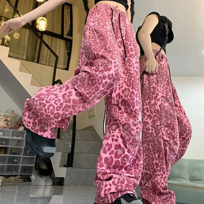 Matakawa Y2k Clothes Pink Leopard Women Pants Spring Autumn Streetwear Vintage Pantalones Mujer Hiphop Wide Leg Trousers