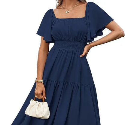Elegant Summer Long Skirt for Women with Puffy Sleeves Square Collar Gathered Waist Loose Fit Knee-Length Holiday Dress