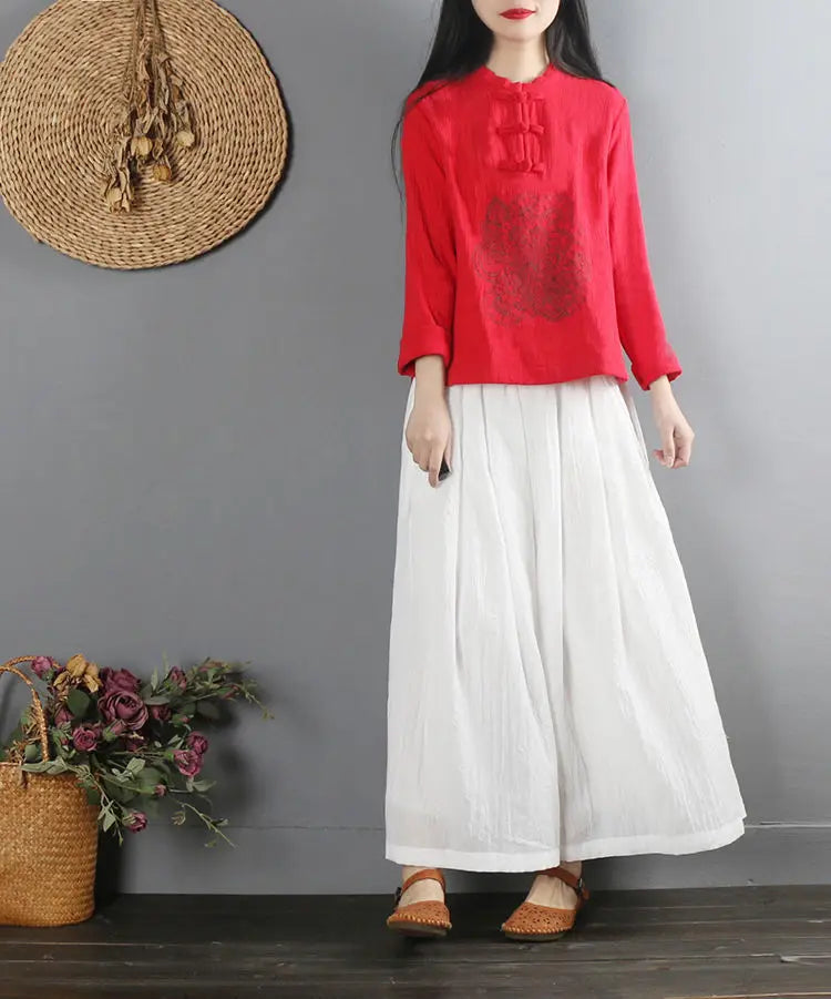 2022 Summer Chinese Style Ethnic Long Sleeve Women Retro Embroidery Blouse Red T-shirt Cotton Oversize Loose Ladies Casual Tops