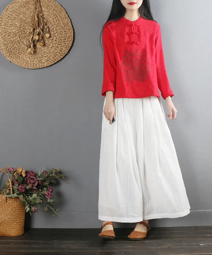 2022 Summer Chinese Style Ethnic Long Sleeve Women Retro Embroidery Blouse Red T-shirt Cotton Oversize Loose Ladies Casual Tops