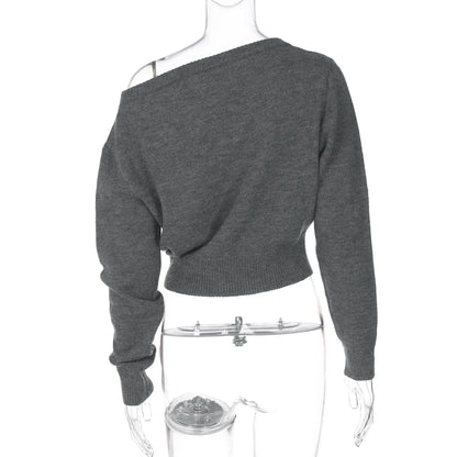 One Shoulder Beige Knitted Sweater Women's Pull Waist One-Shoulder Sweatshirt Jumper Pulls Spring Clothes 2026 Pullover Y2K New