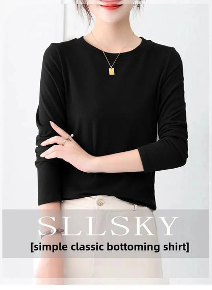 Korean Style Women's round Neck Long Sleeve Base Shirt Early Autumn New Pure Color Threaded Top Trendy T-shirt Slim Fit