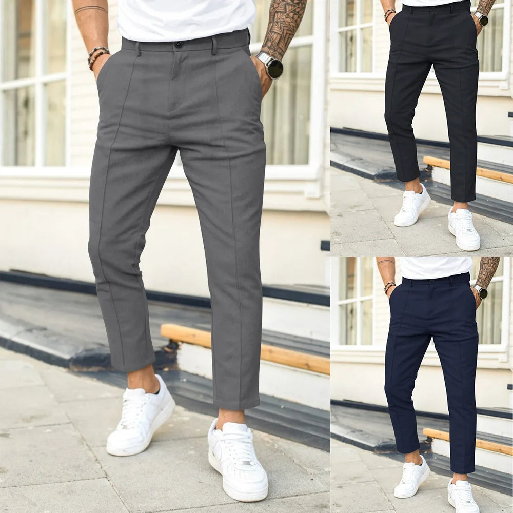 Men's Casual Pure Color Double Fold Line West Pants Spring Summer Autumn Fashion City Style Cotton Polyester Blend Leisure Tr...