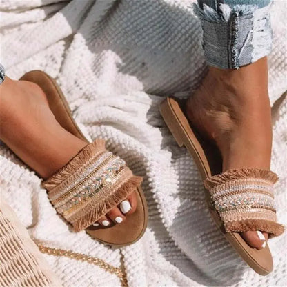 2024 women's new flat bottomed toe sandals women's summer new fashion tassel style women's slippers women's shoes