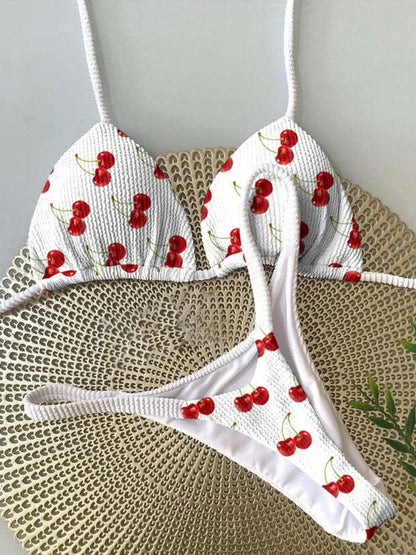 Printed Halter Wrinkled Bikinis Mini Micro Thong Bikini Female Swimsuit Women Swimwear Two-pieces Bikini Set Bathing Suit Swim