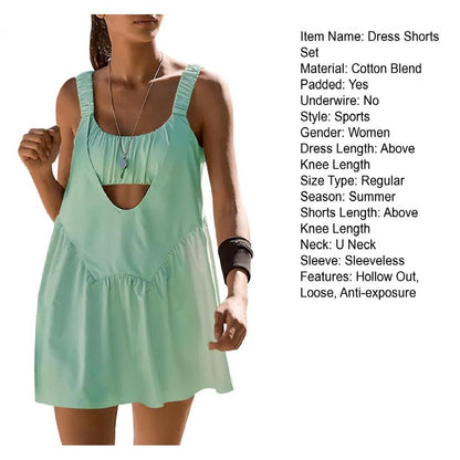 Summer Tennis Dress Shorts Set Hollow Out Tennis Dress Shorts Set Tennis Outfit Backless Hollow Out Dress Shorts Set with Padded