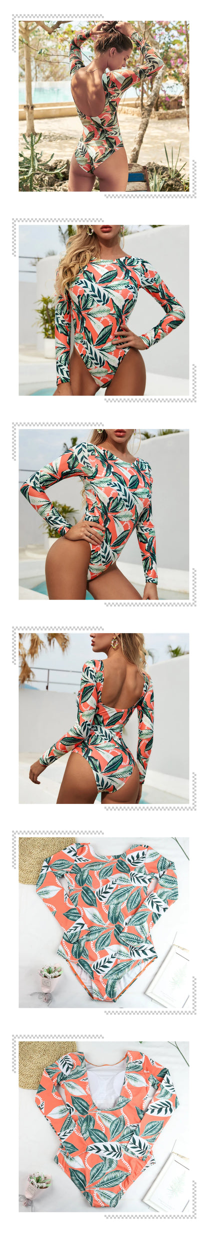 Women's Swimsuit 2024 Long Sleeve Rash Guard Bikini Surfing Suit One Piece Bodysuit Print Brasileño Push up Monokini Swimwear