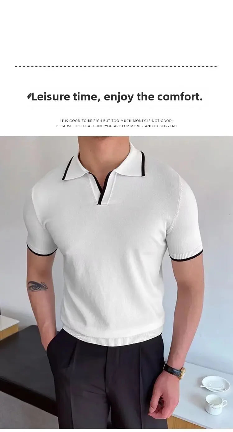 Summer Men's Knit Short Sleeve Polo Shirt Korean Style Slim Fit Solid Color Ice Silk Casual T-shirt Base Layer Top
