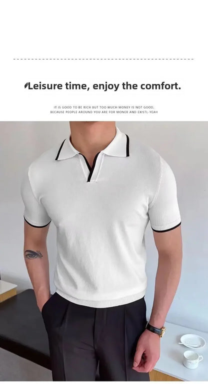 Summer Men's Knit Short Sleeve Polo Shirt Korean Style Slim Fit Solid Color Ice Silk Casual T-shirt Base Layer Top
