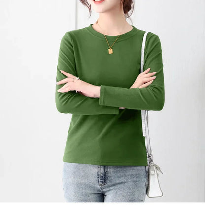 Korean Style Women's round Neck Long Sleeve Base Shirt Early Autumn New Pure Color Threaded Top Trendy T-shirt Slim Fit