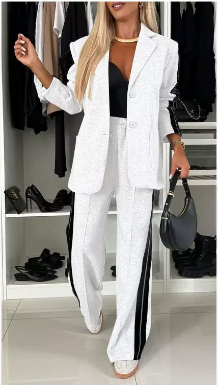 Casual Two Piece Sets Womens Outifits Fall Long Sleeved Patchwork Double Breasted Suit Coat Loose Pant Two-piece Set Winter 2024