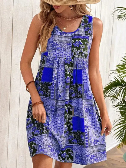 TUME Women's Fashion Print Dress Knee-Length Skirt Sleeveless Regular Waistline Cross-Border Summer New Arrival