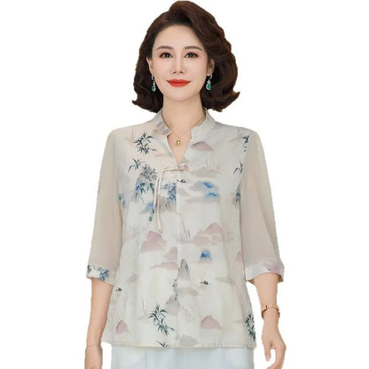 New Chinese Style Floral Print Chiffon Shirt Half Sleeve Women's Middle-Aged Spring Summer Top Mom's Fashionable Small Shirt