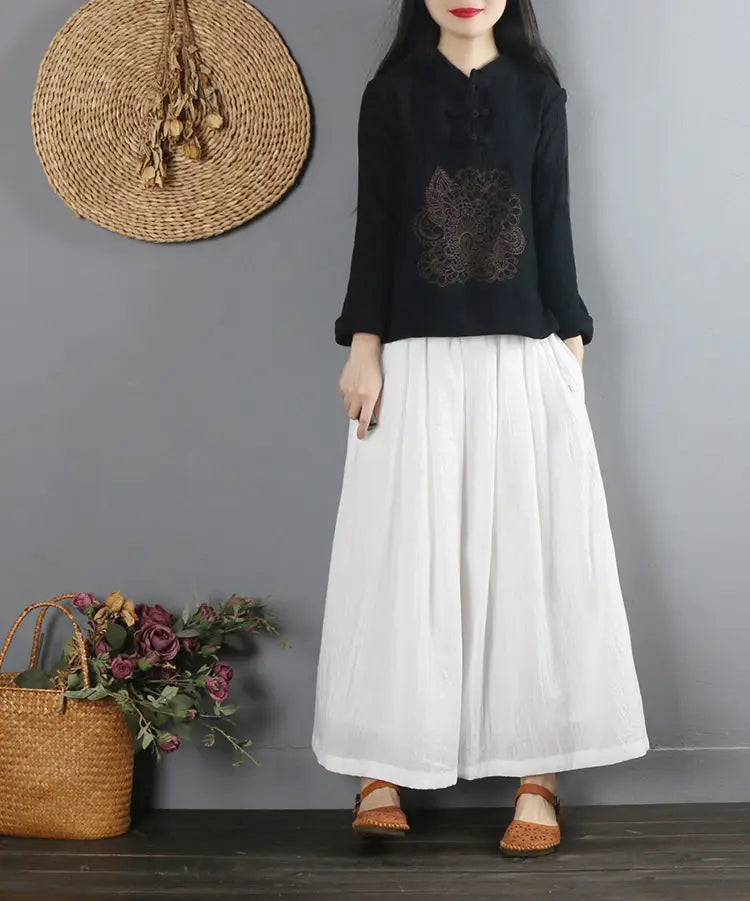 2022 Summer Chinese Style Ethnic Long Sleeve Women Retro Embroidery Blouse Red T-shirt Cotton Oversize Loose Ladies Casual Tops