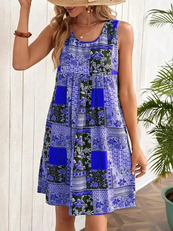 TUME Women's Fashion Print Dress Knee-Length Skirt Sleeveless Regular Waistline Cross-Border Summer New Arrival