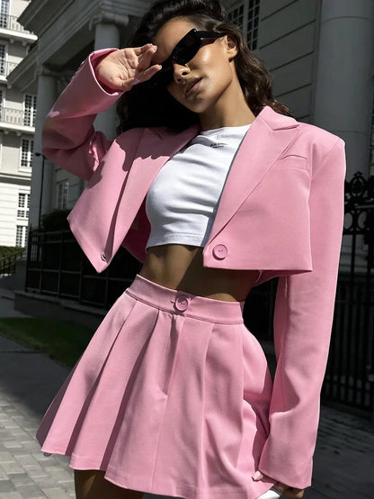 Fall Suit Skirt Suit Women's Solid Lapel Button Blazer Patchwork Pleated Skirt 2 Piece Skirt Suit FashionStreetwear Women's Y2k