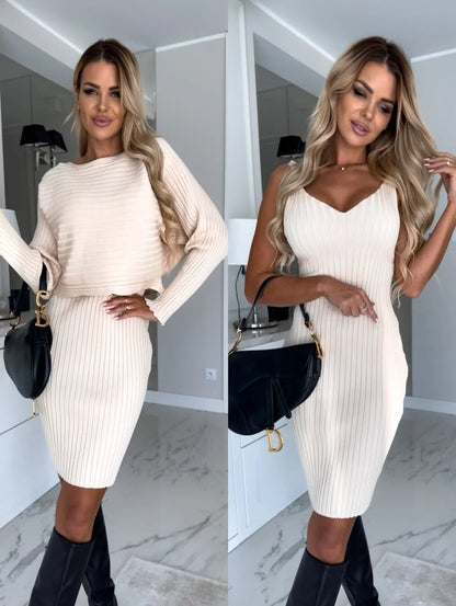 Fashion Long Sleeve Knitted Sweater And Dress Two Piece Sets For Women 2025 Autumn Winter Outfits Warm Sexy Bodycon Drsses Sets