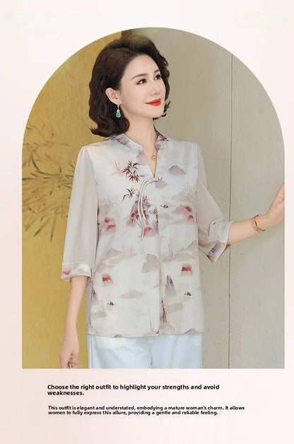New Chinese Style Floral Print Chiffon Shirt Half Sleeve Women's Middle-Aged Spring Summer Top Mom's Fashionable Small Shirt