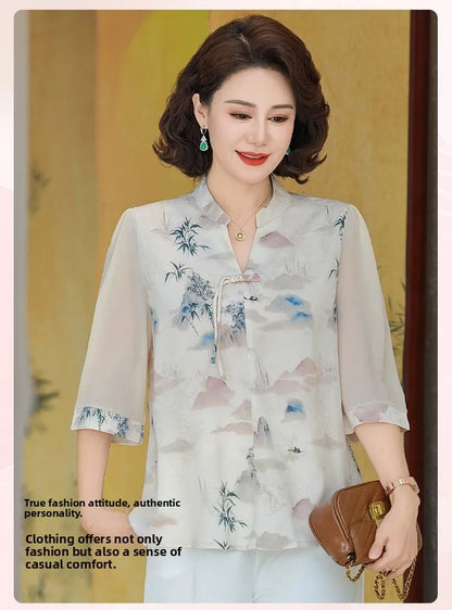 New Chinese Style Floral Print Chiffon Shirt Half Sleeve Women's Middle-Aged Spring Summer Top Mom's Fashionable Small Shirt