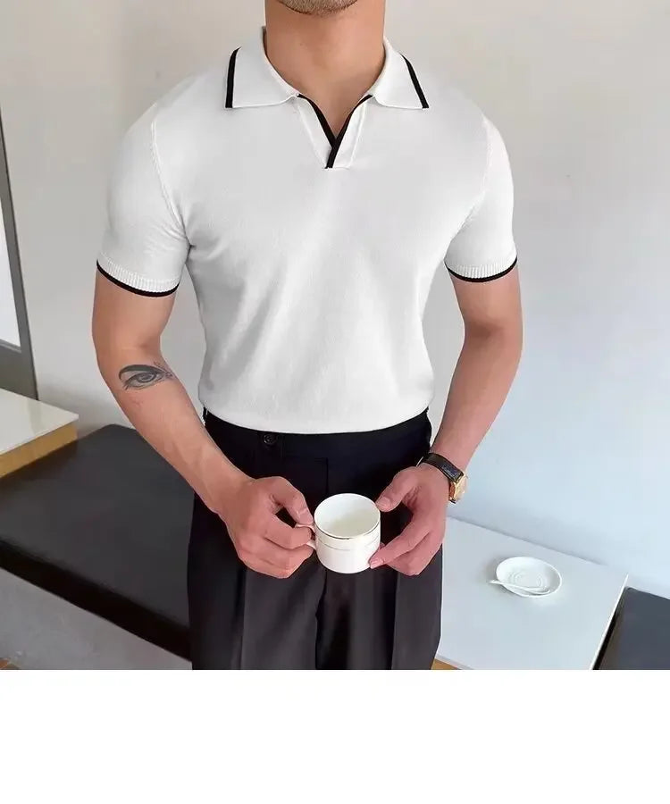 Summer Men's Knit Short Sleeve Polo Shirt Korean Style Slim Fit Solid Color Ice Silk Casual T-shirt Base Layer Top
