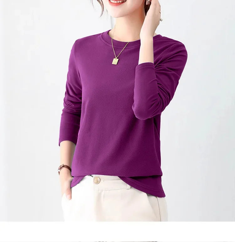 Korean Style Women's round Neck Long Sleeve Base Shirt Early Autumn New Pure Color Threaded Top Trendy T-shirt Slim Fit