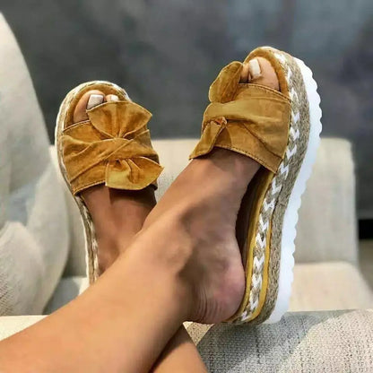 Women's Summer 2025 Thick Heel Slippers Butterfly Knot Sandal Rope Large Size Beach Slippers Comfortable round Toe Rubber Sole