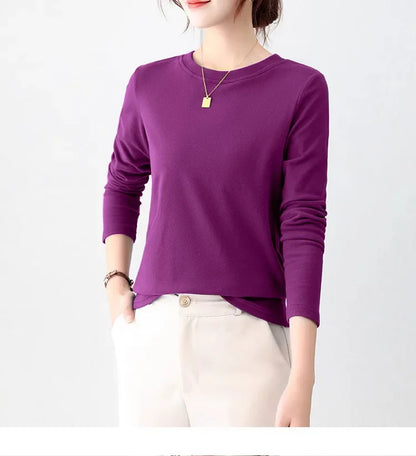 Korean Style Women's round Neck Long Sleeve Base Shirt Early Autumn New Pure Color Threaded Top Trendy T-shirt Slim Fit